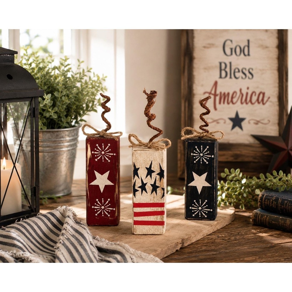 Patriotic Wooden Firecracker Blocks 4th of July Americana Tiered Tray Decor Set - Picture 3 of 7